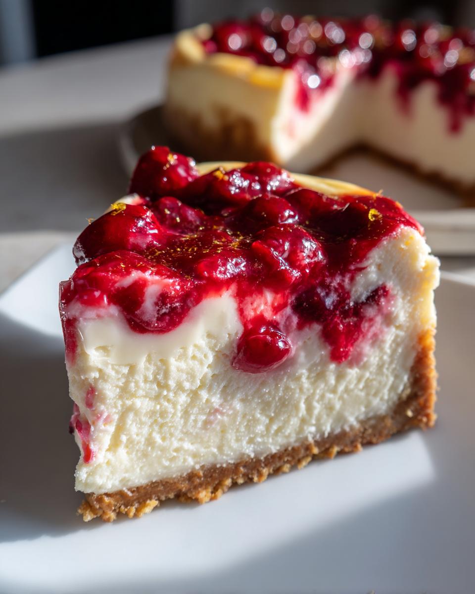 A close-up slice of creamy cranberry orange cheesecake topped with bright red cranberry sauce and zest.