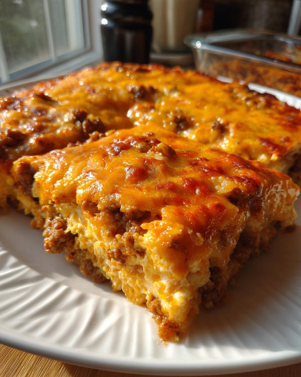 A close-up slice of Dorito Casserole featuring layers of creamy filling, seasoned ground meat, and melted cheddar cheese topping.