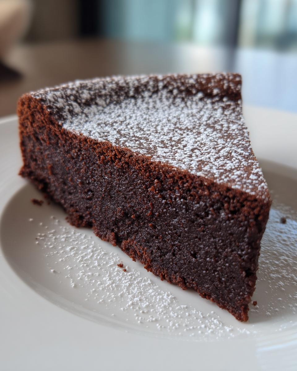 A single, rich slice of flourless chocolate torte dusted lightly with powdered sugar, served on a white plate.