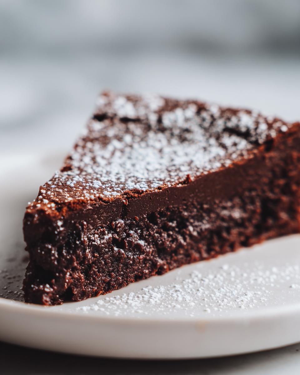A close-up of a rich, dark slice of flourless chocolate torte dusted generously with powdered sugar.