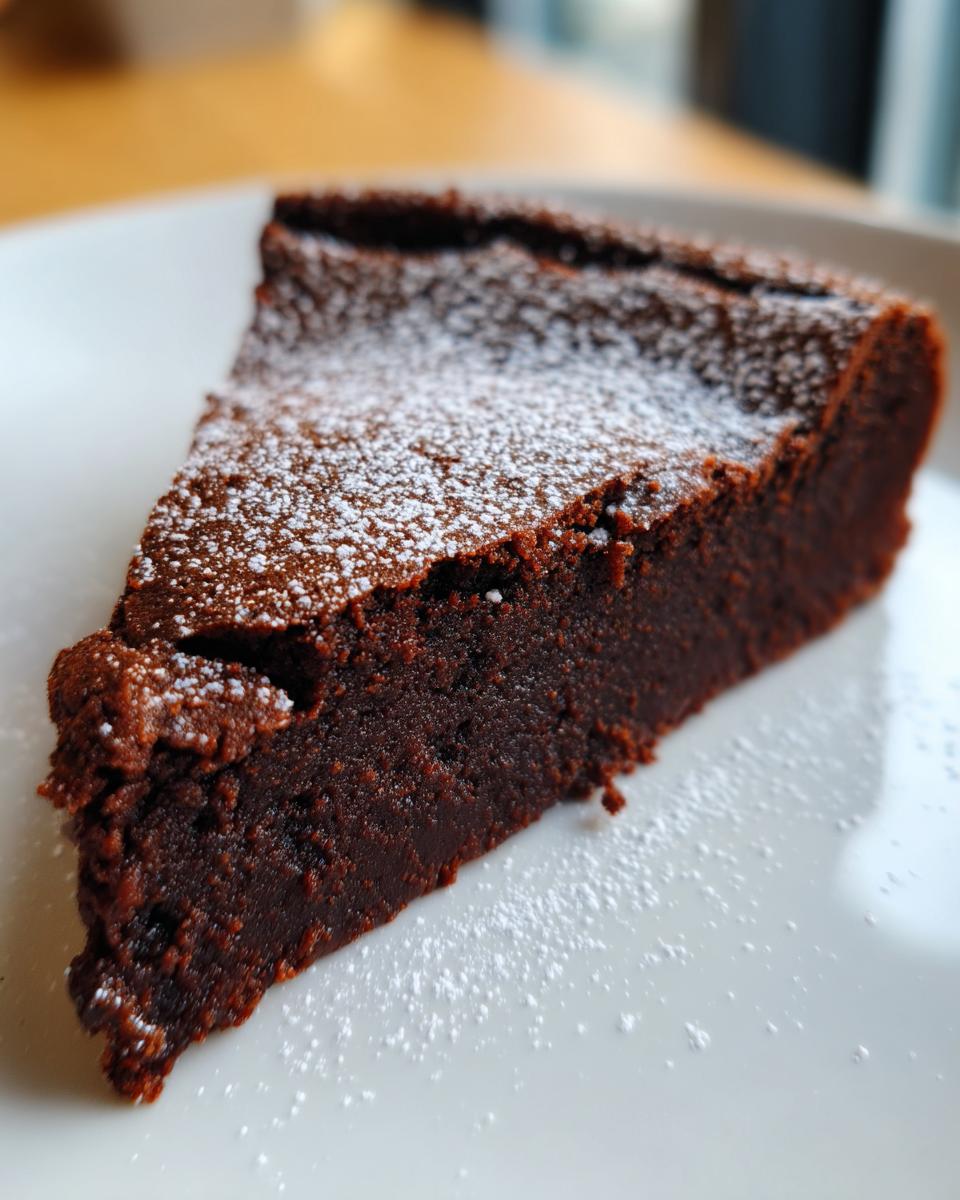 A close-up of a rich, dark slice of flourless chocolate torte dusted lightly with powdered sugar on a white plate.