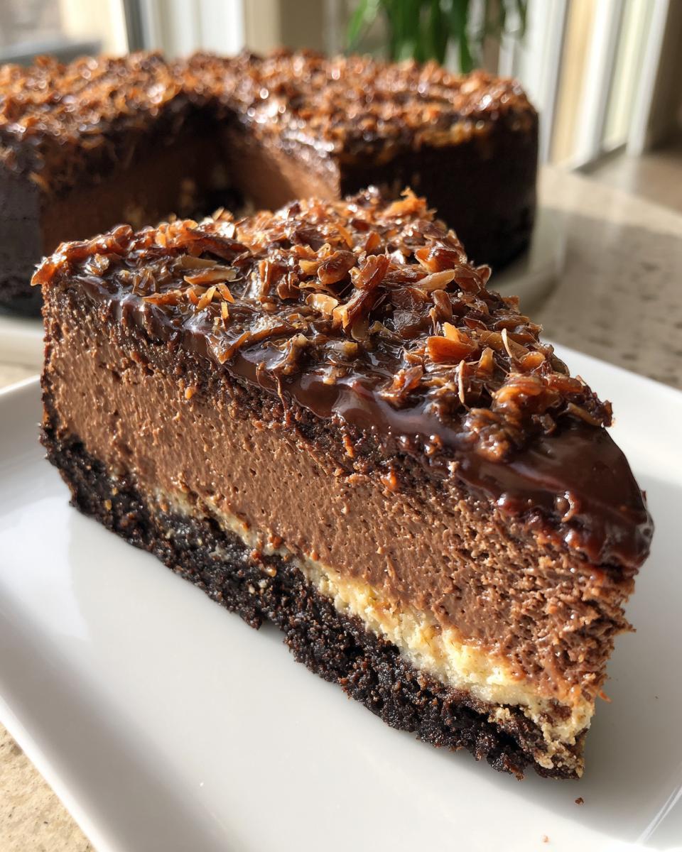 A perfect slice of german chocolate cheesecake with a dark crust, creamy filling, and toasted coconut topping.
