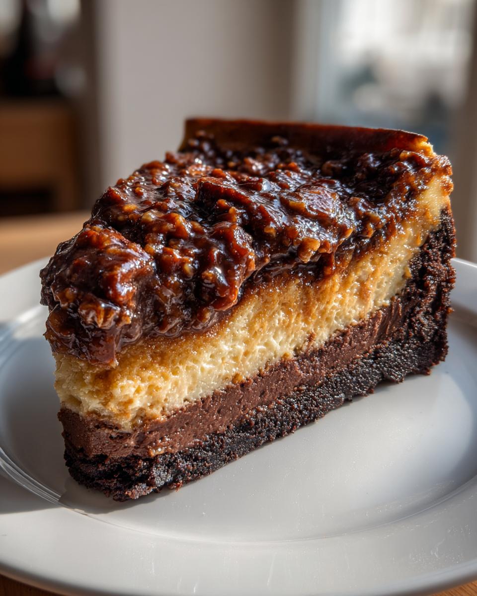 A perfect slice of german chocolate cheesecake showing layers: dark crust, chocolate layer, cheesecake, and coconut-pecan topping.