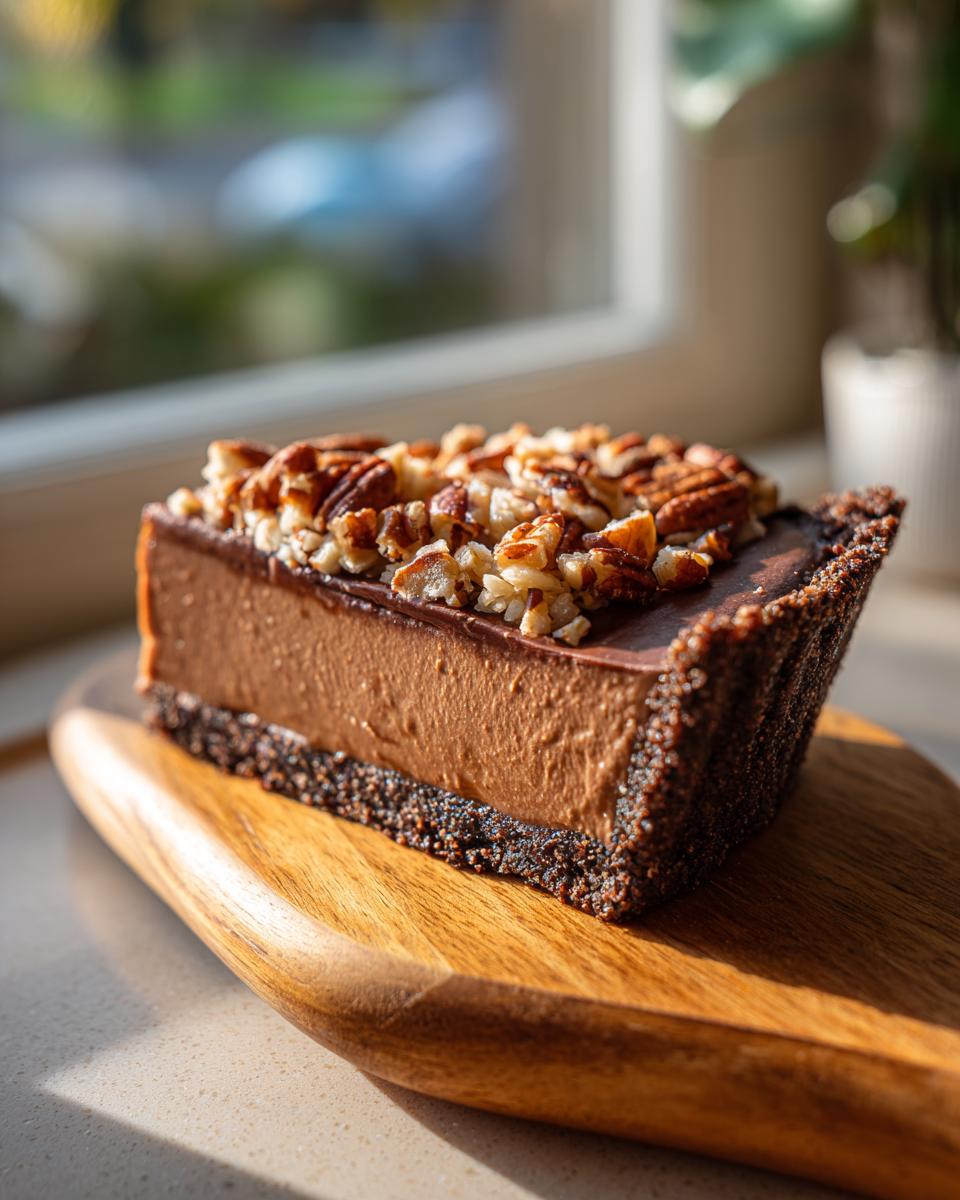 A close-up slice of decadent german chocolate pie featuring a thick chocolate filling and a pecan topping.
