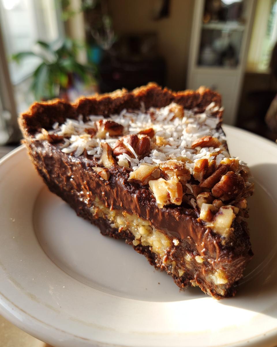 A close-up slice of german chocolate pie showing rich chocolate filling, coconut, and pecans on a white plate.