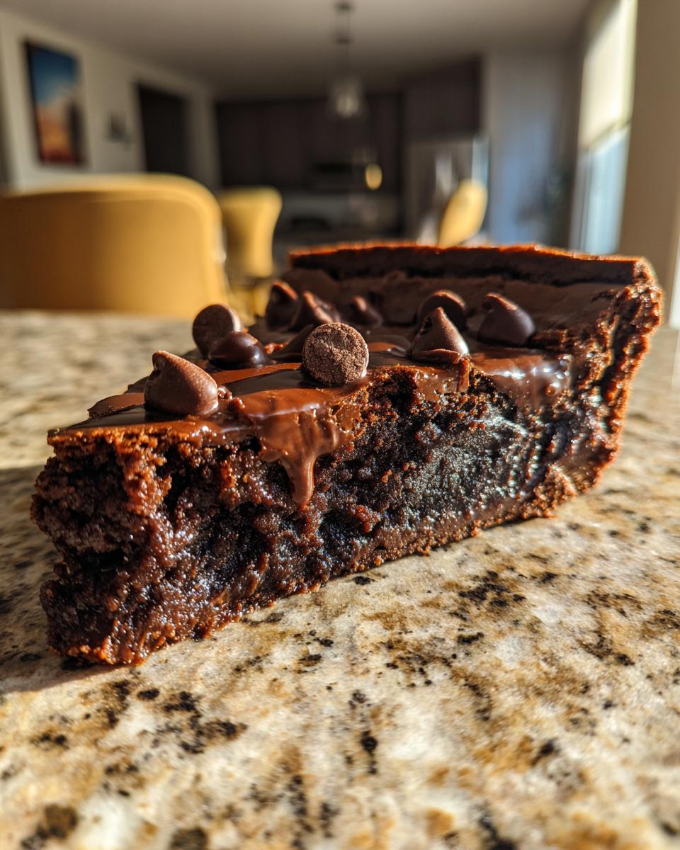 Close-up of a decadent slice of hot fudge pie with gooey chocolate topping and chips on a granite counter.