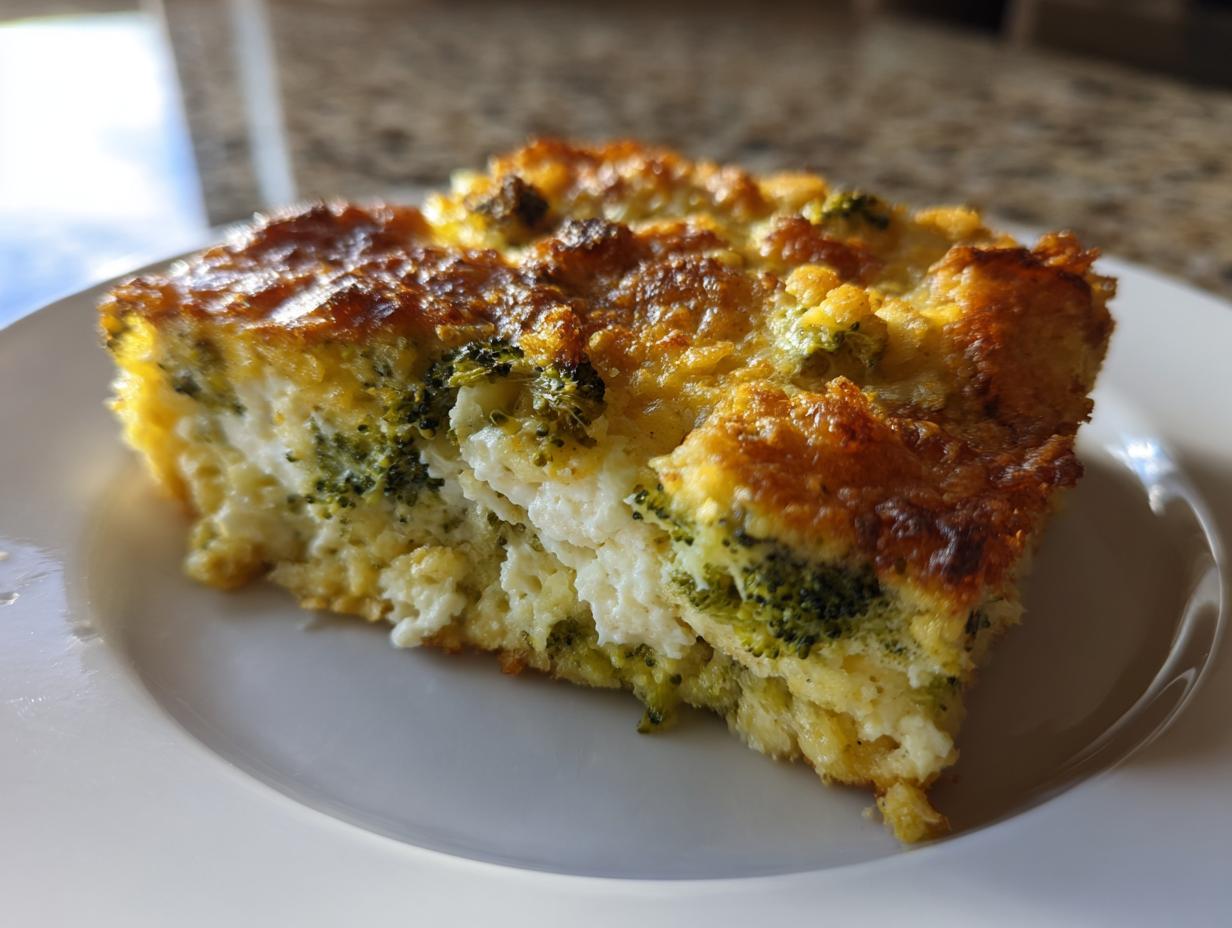 A close-up of a square slice of cheesy broccoli casserole with a golden-brown baked top, served on a white plate.