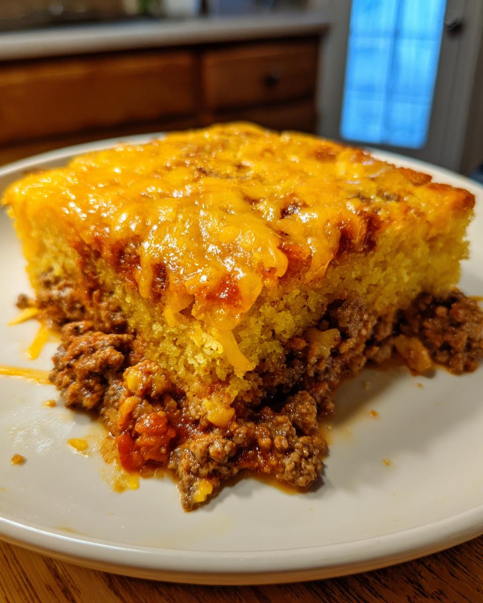 A generous slice of homemade tamale pie featuring a thick cornbread top covered in melted cheddar cheese over a savory ground beef filling.