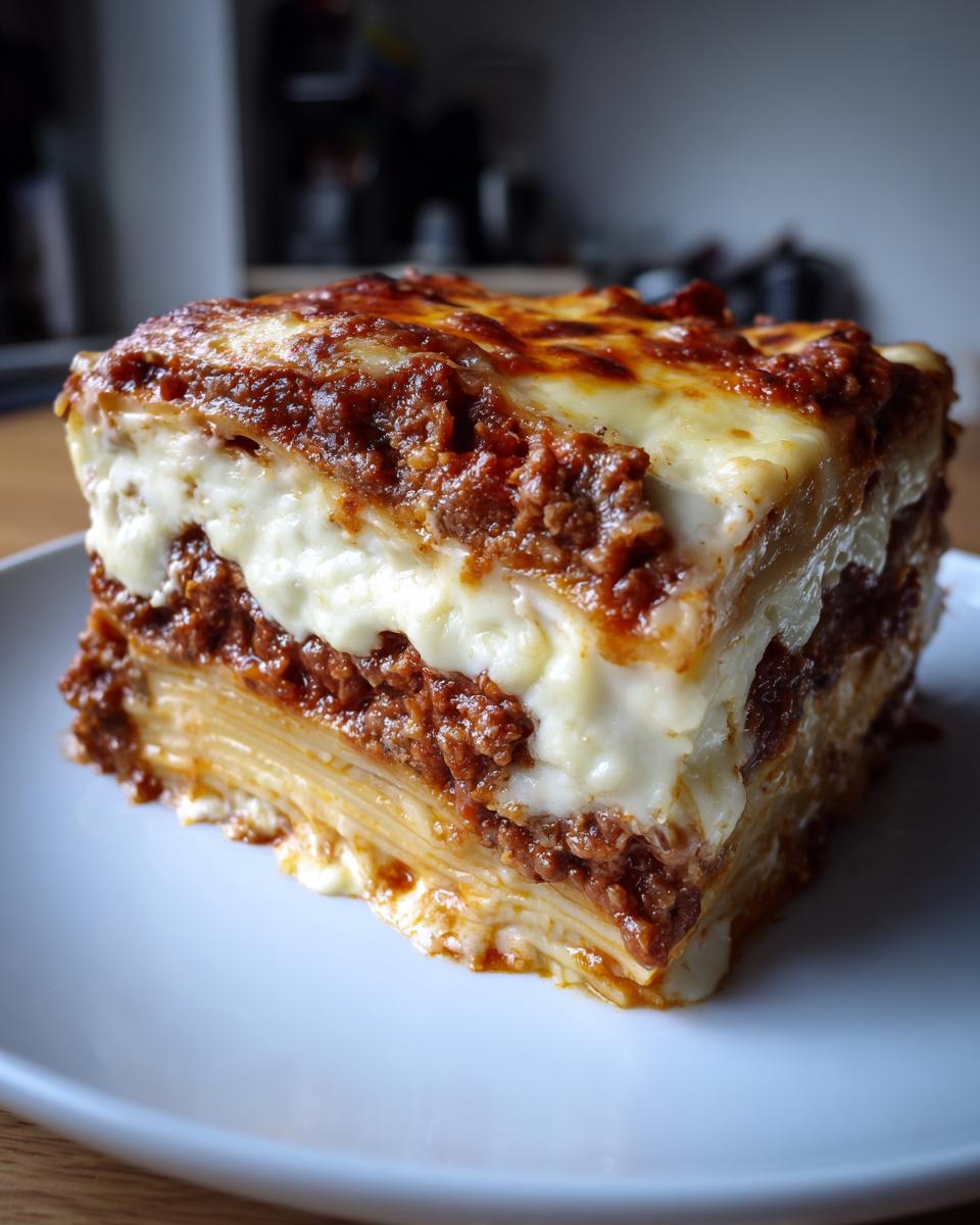 A thick, square slice of baked spaghetti pie featuring layers of pasta, rich meat sauce, and creamy white cheese.