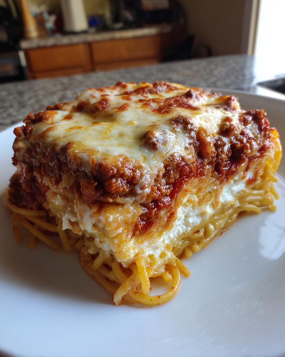 A thick, square slice of baked spaghetti pie layered with cheese and rich meat sauce on a white plate.