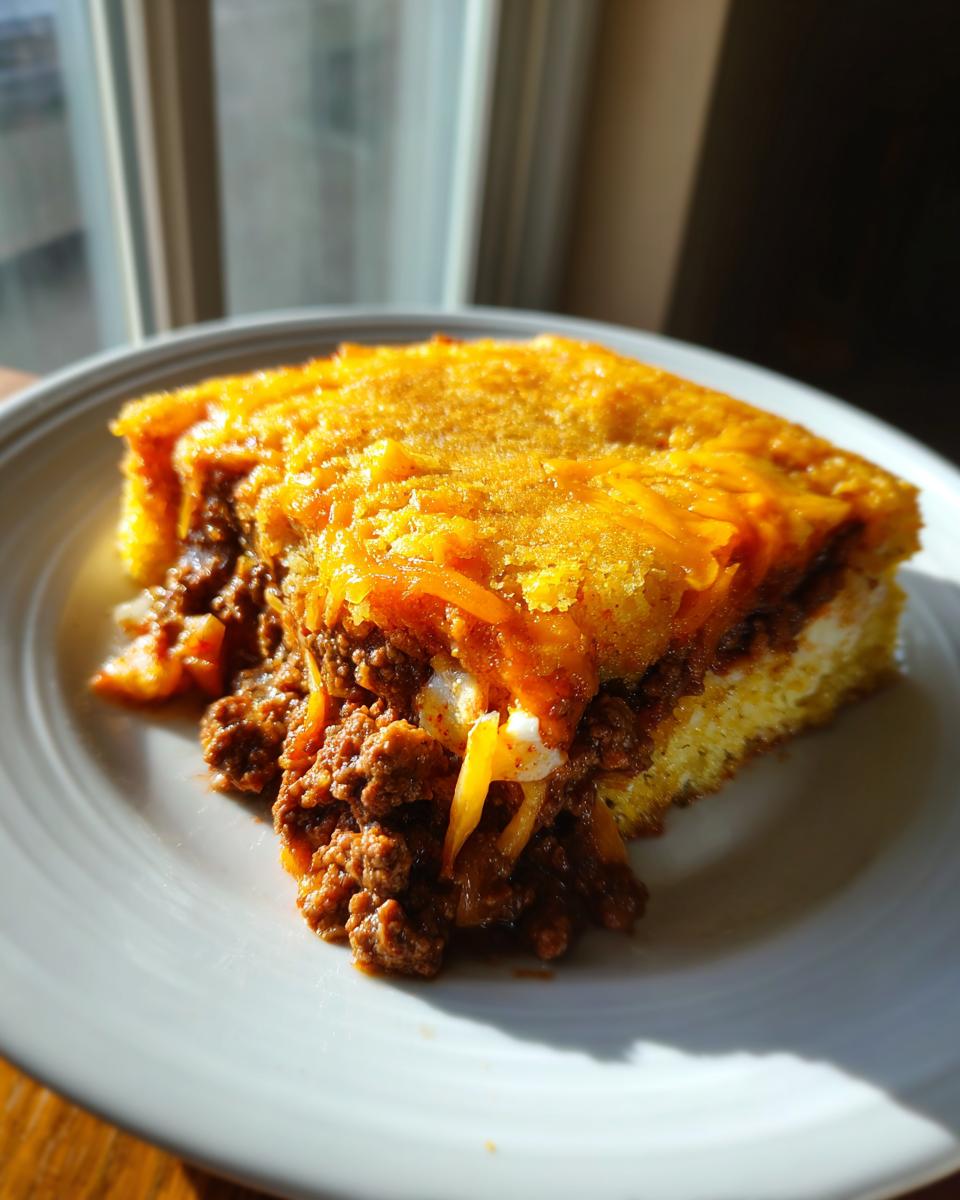 A hearty slice of tamale pie featuring a cornbread top, savory ground meat filling, and melted cheddar cheese.