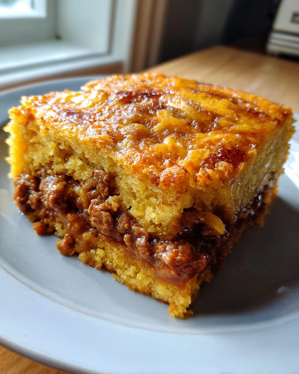 A close-up of a golden slice of tamale pie showing the cornbread top and savory meat filling.