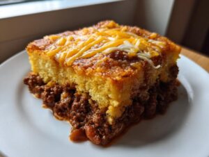 A thick slice of tamale pie featuring a golden cornbread top with melted cheese over a hearty chili filling.