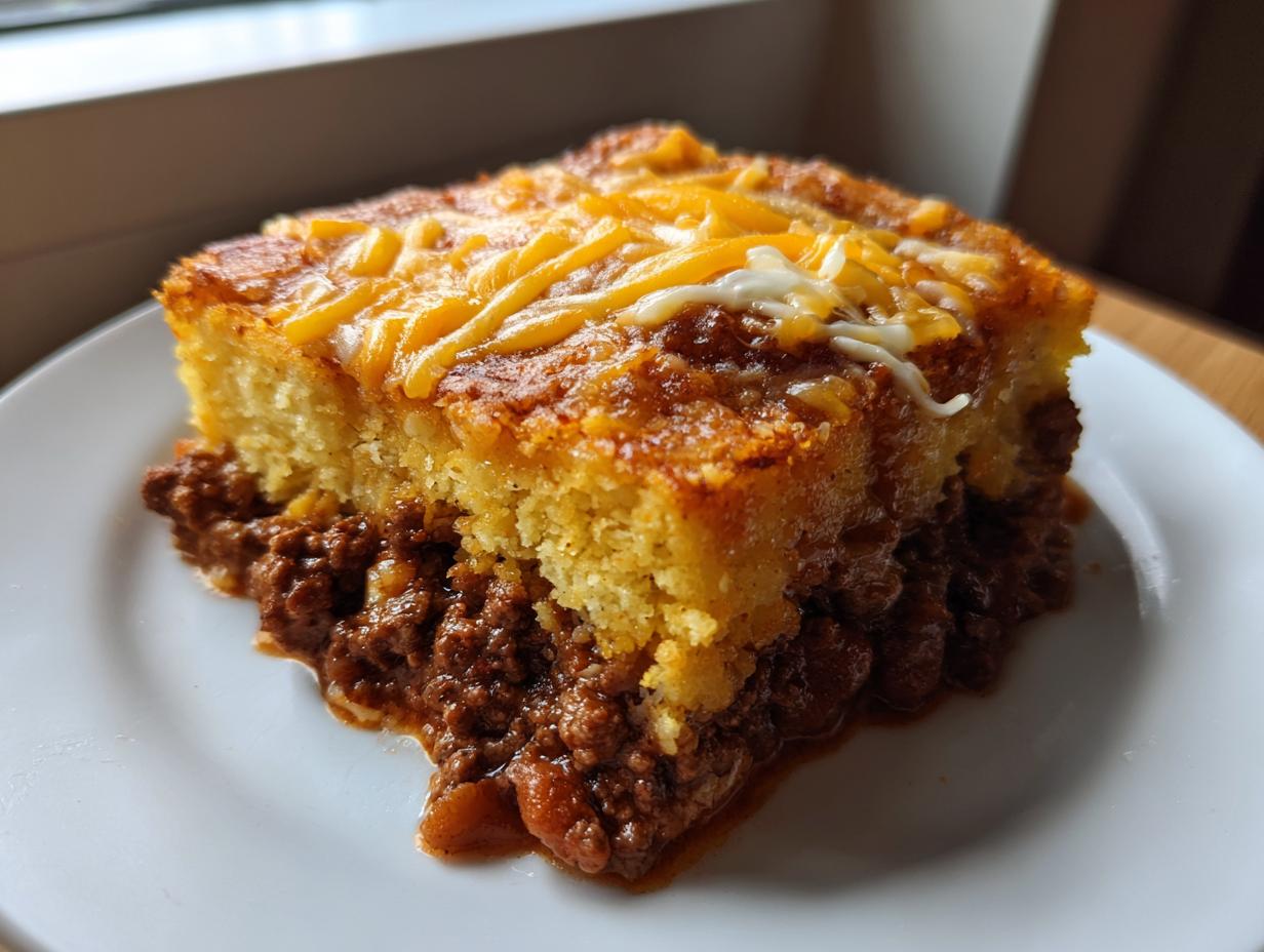 A thick slice of tamale pie featuring a golden cornbread top with melted cheese over a hearty chili filling.