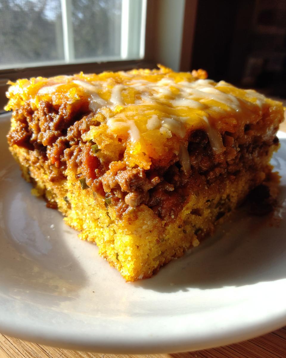A close-up slice of tamale pie featuring a thick cornbread base, savory meat filling, and melted cheese topping.
