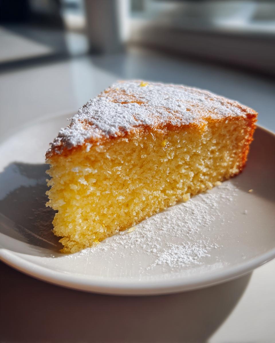 A close-up of a bright yellow slice of olive oil cake dusted generously with powdered sugar on a white plate.