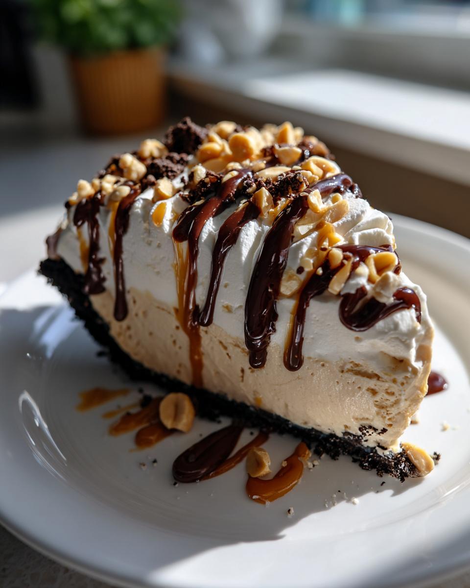 A decadent slice of peanut butter ice cream pie with a dark crust, topped with whipped cream, chocolate, caramel, and peanuts.