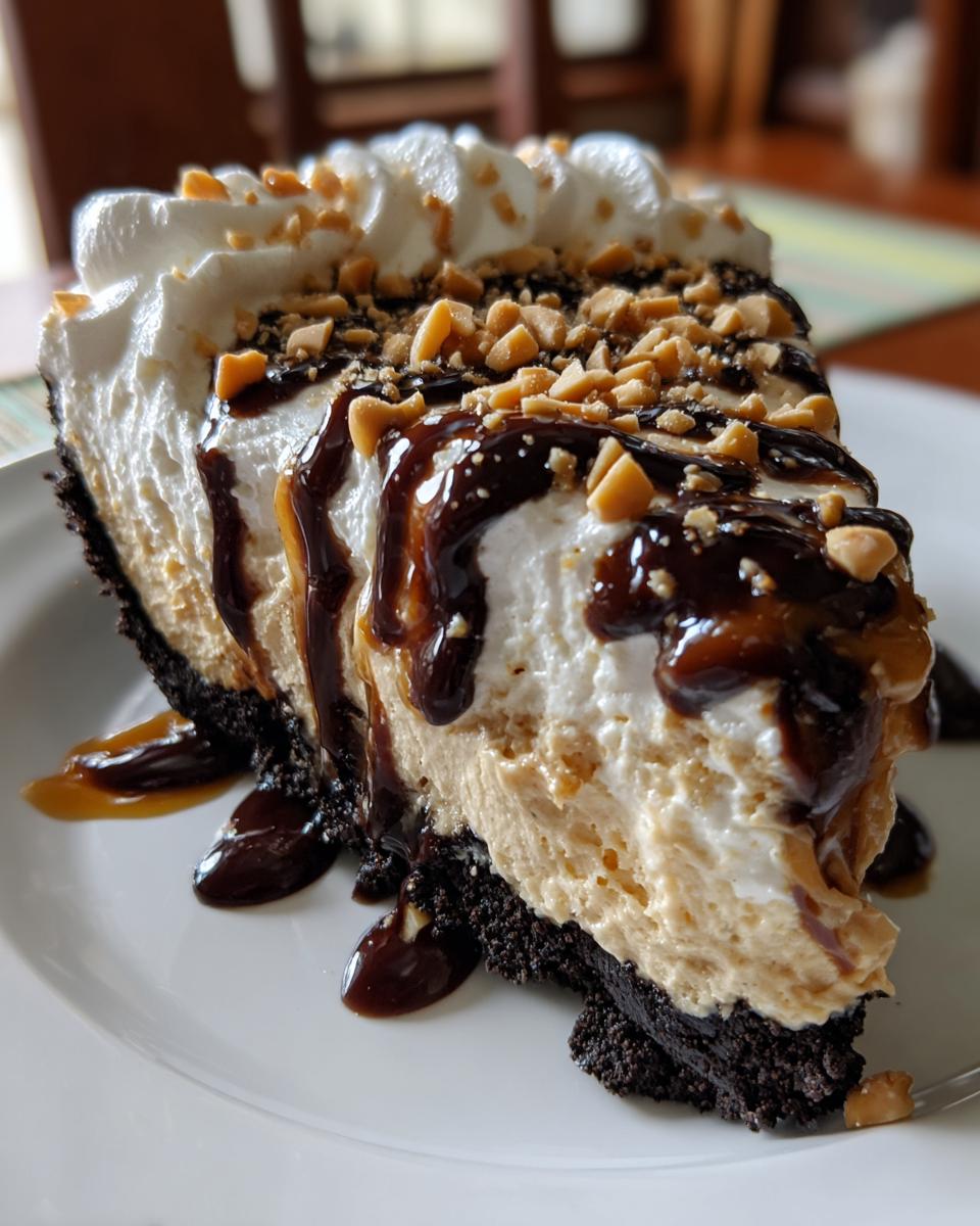 A generous slice of peanut butter ice cream pie with a chocolate crust, topped with whipped cream, chocolate syrup, and chopped peanuts.