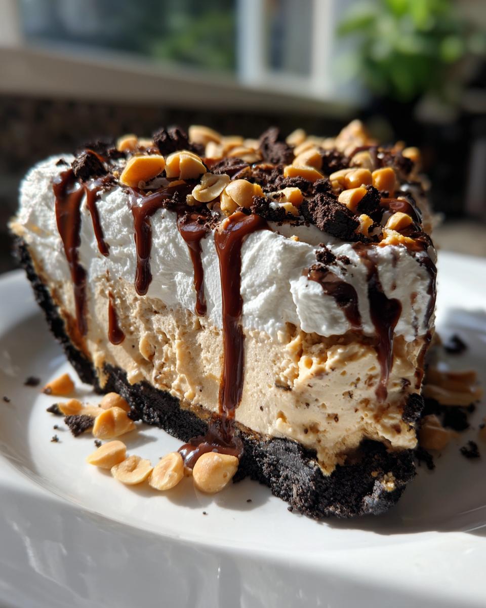 A decadent slice of peanut butter ice cream pie with a dark crust, whipped cream, chocolate drizzle, and peanuts.