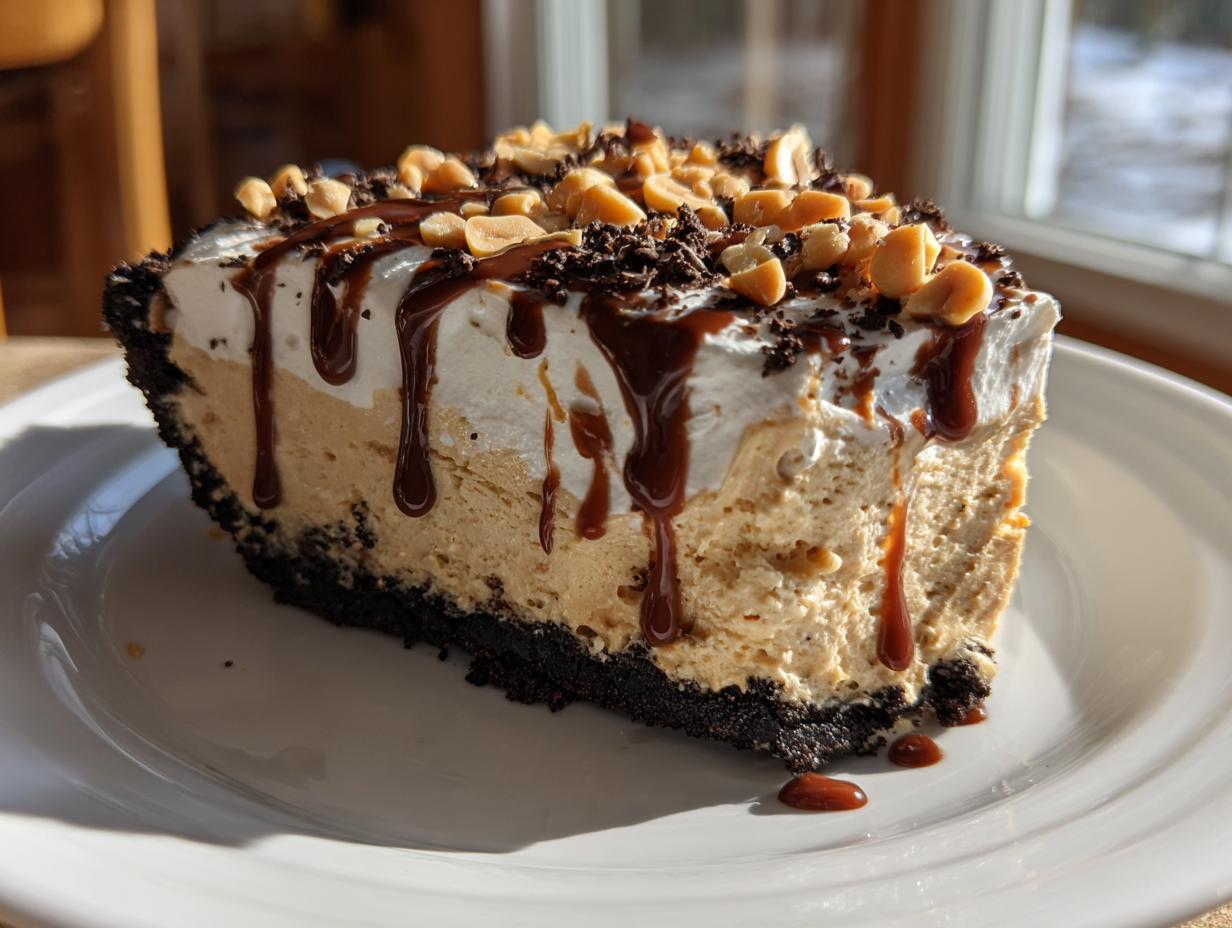 A decadent slice of peanut butter ice cream pie with a dark crust, topped with whipped cream, peanuts, and chocolate fudge drizzle.