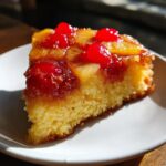 A close-up of a moist slice of pineapple upside down cake topped with caramelized pineapple rings and bright red maraschino cherries.