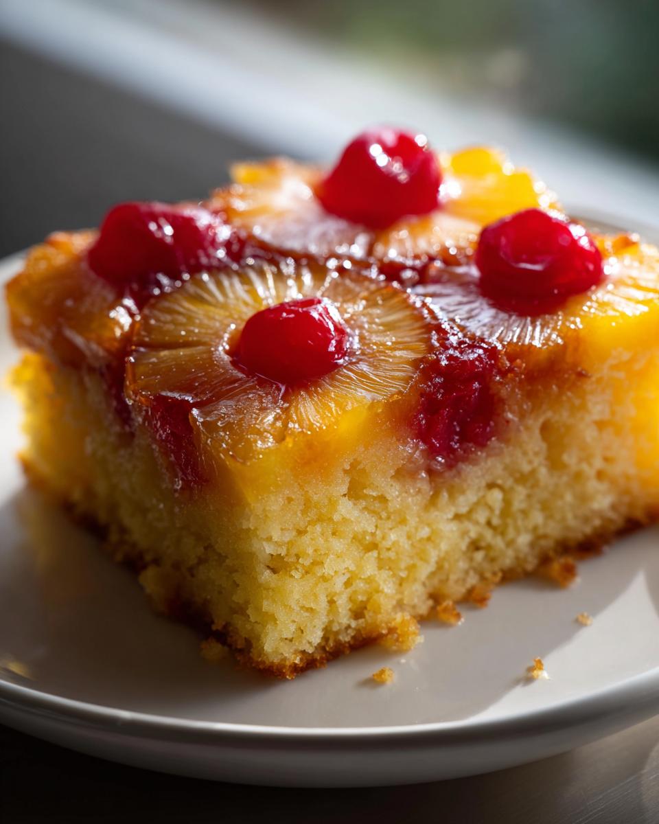 A moist slice of pineapple upside down cake topped with caramelized pineapple rings and bright red cherries.