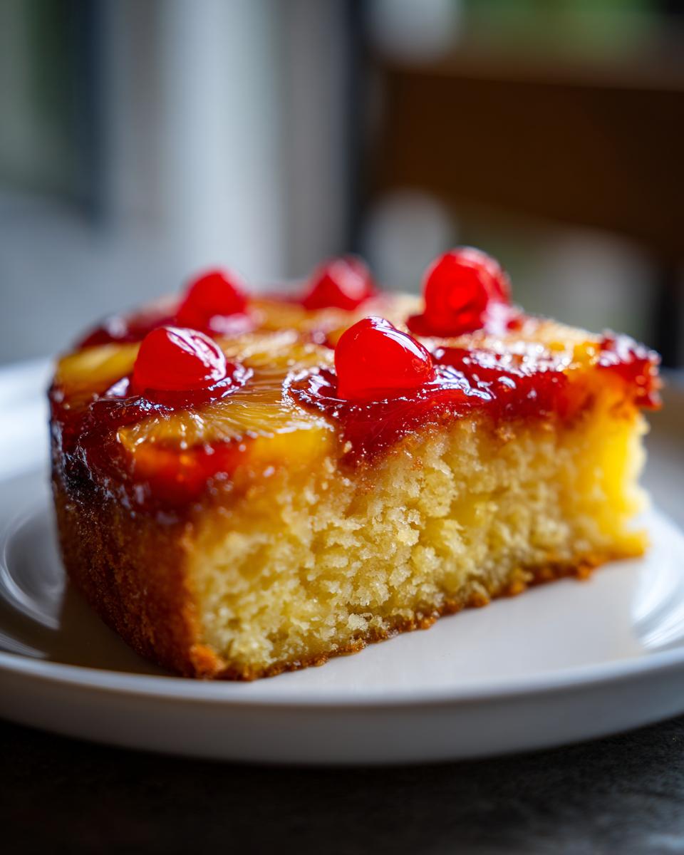 Close-up of a moist slice of pineapple upside down cake topped with caramelized pineapple and bright red maraschino cherries.