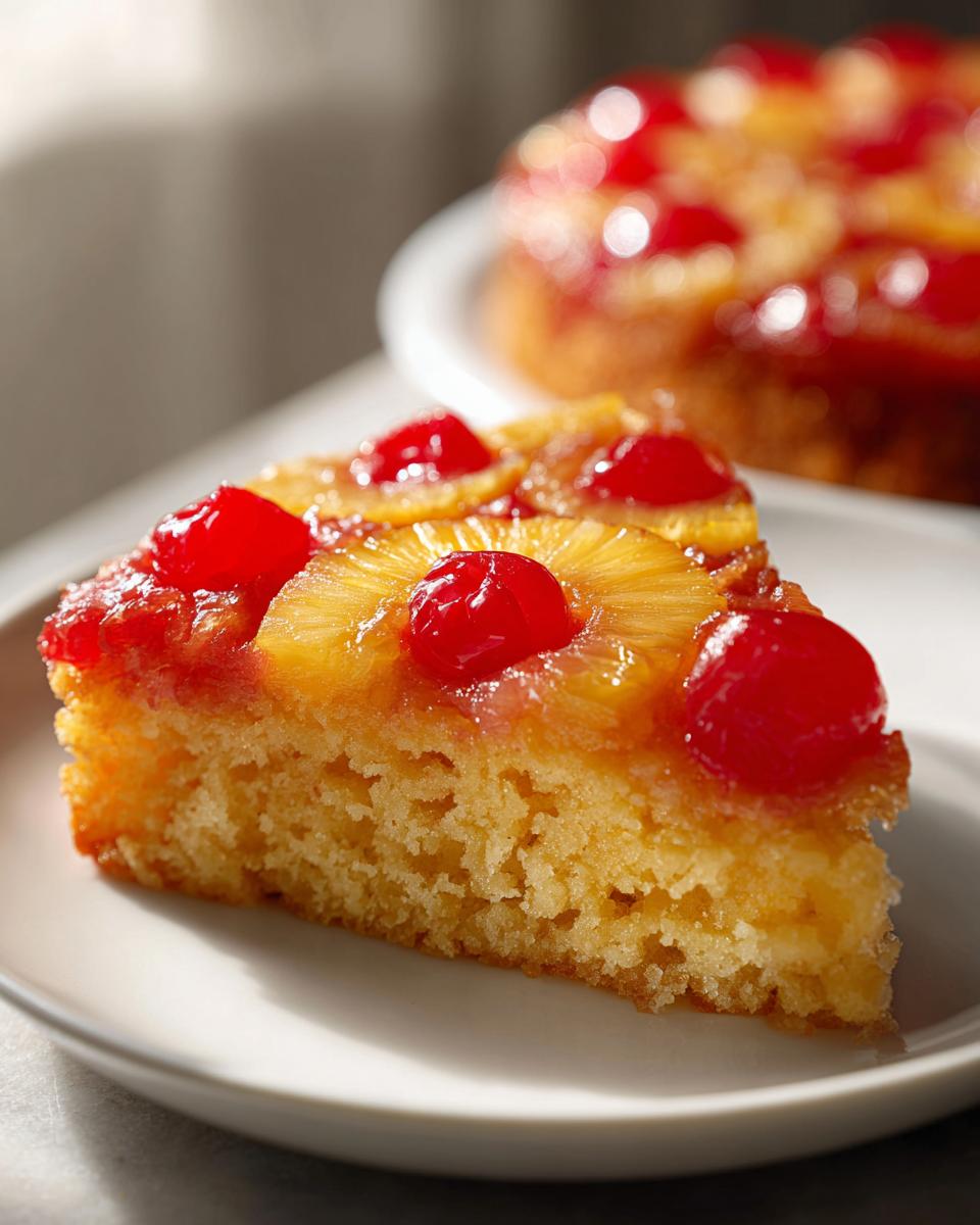 Close-up of a moist slice of pineapple upside down cake topped with caramelized pineapple rings and bright red maraschino cherries.