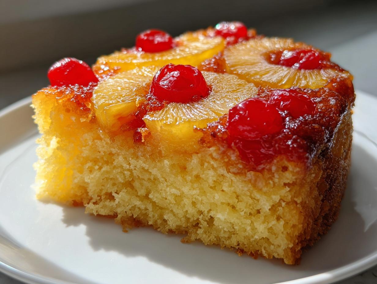 Close-up of a moist slice of pineapple upside down cake topped with caramelized pineapple rings and bright red maraschino cherries.