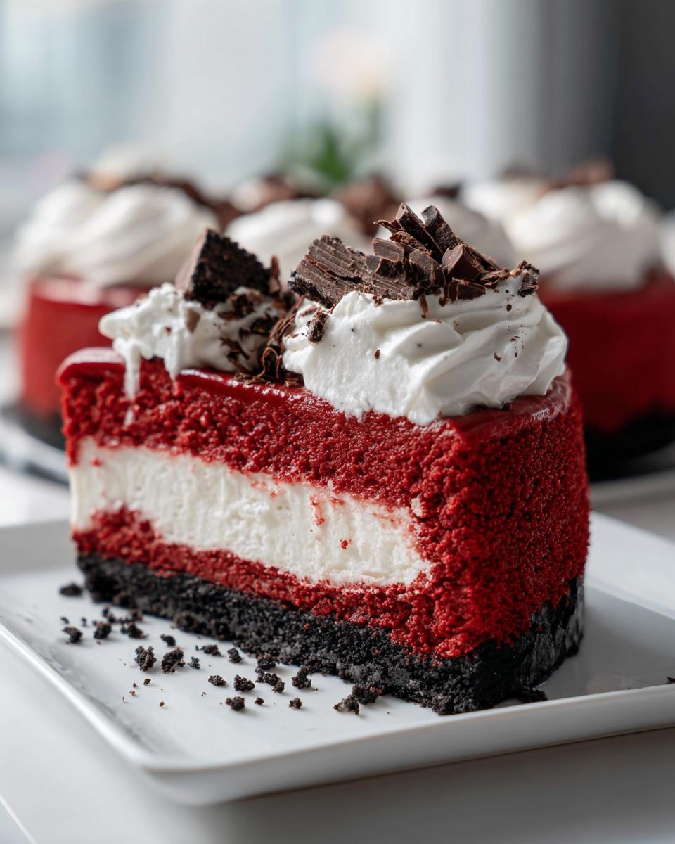 A decadent slice of red velvet cheesecake featuring a dark crust, creamy white layer, and bright red top, garnished with whipped cream and chocolate shavings.