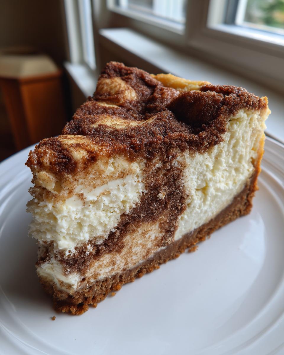 A thick slice of snickerdoodle cheesecake with a marbled cinnamon swirl filling and crumb topping on a white plate.