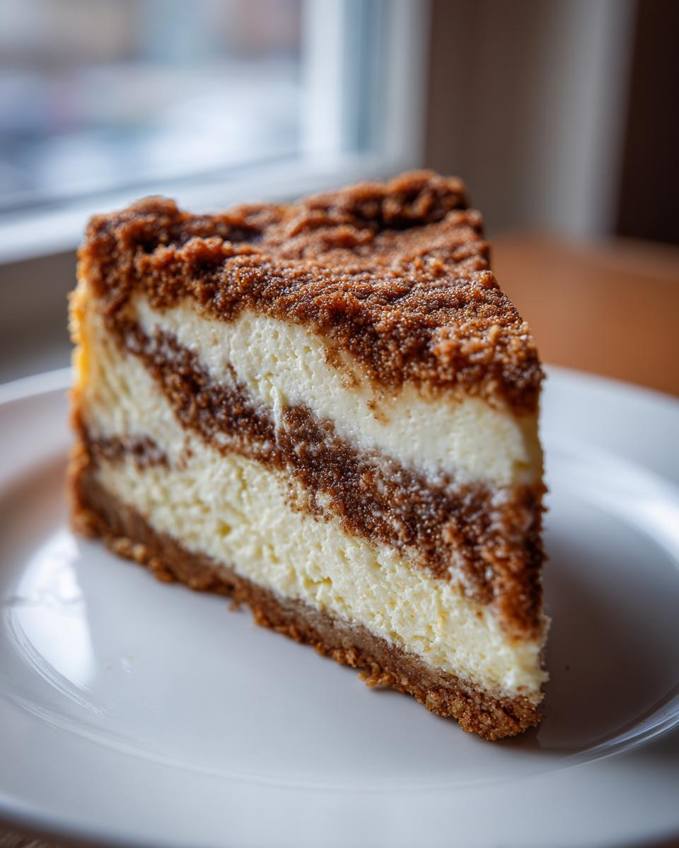 A close-up of a rich slice of snickerdoodle cheesecake featuring creamy white layers swirled with cinnamon-sugar crumb.