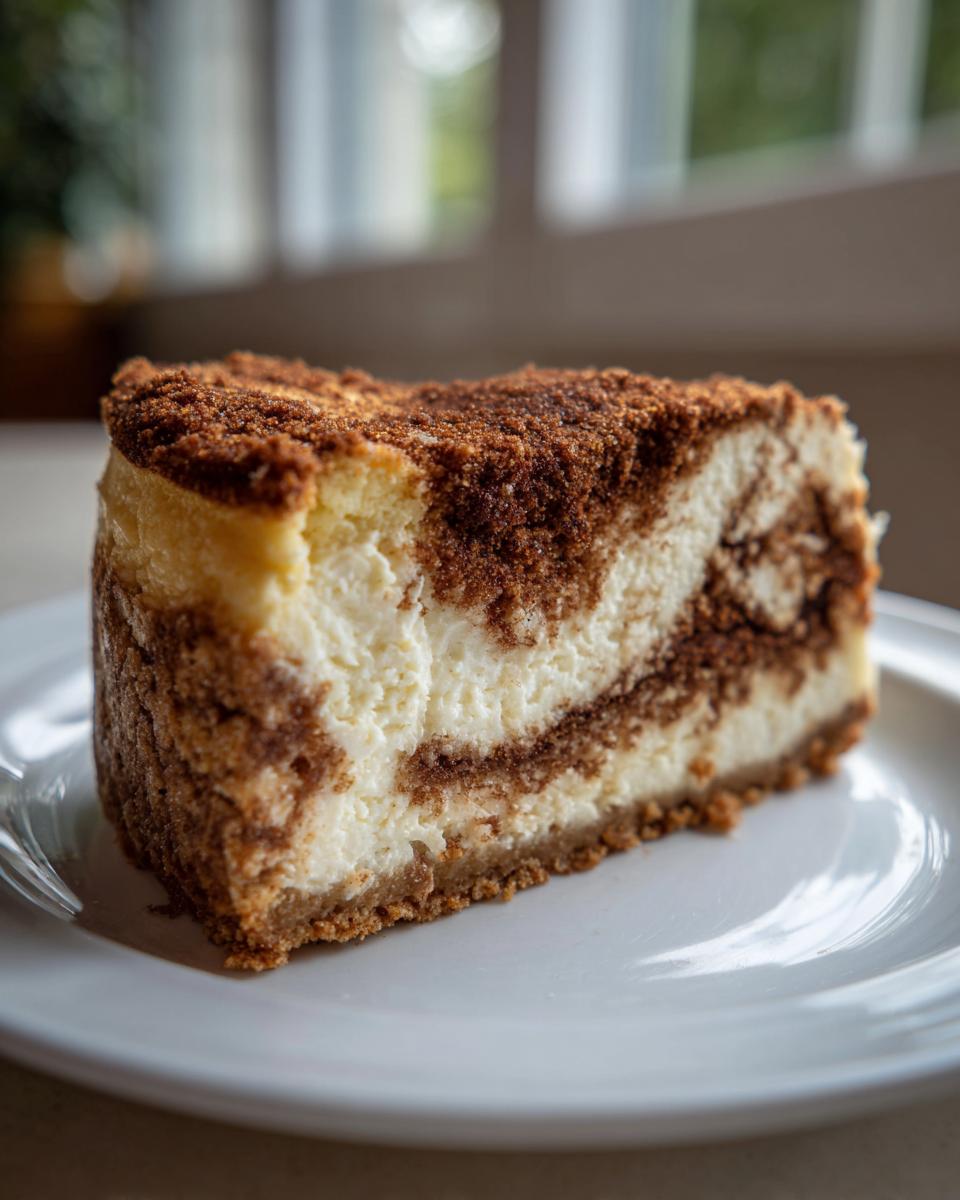 A rich slice of snickerdoodle cheesecake featuring a creamy white filling swirled with cinnamon-sugar topping, served on a white plate.