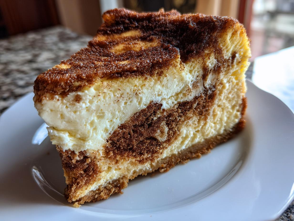 A close-up of a rich slice of snickerdoodle cheesecake showing creamy white filling swirled with dark cinnamon streusel.