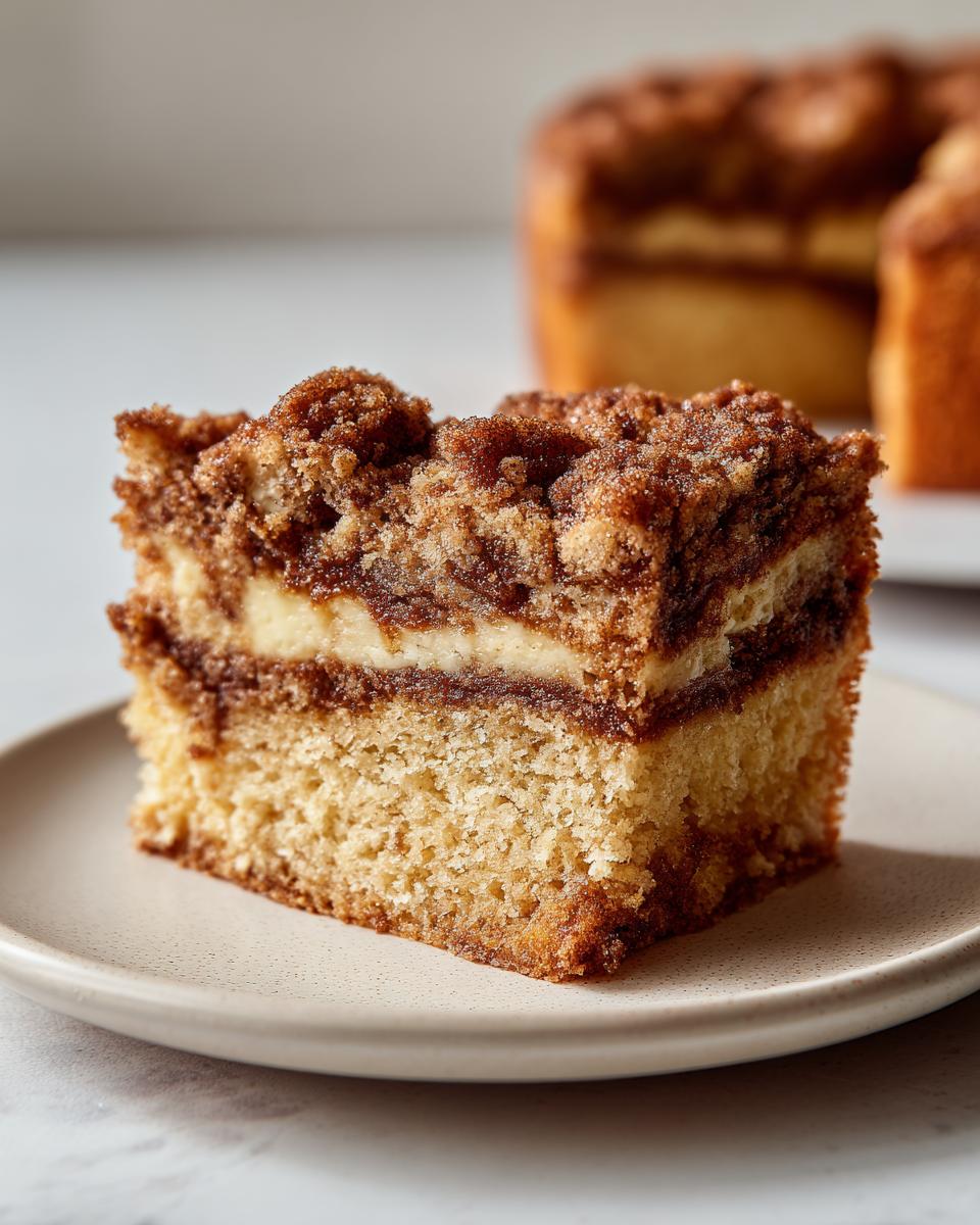 Close-up of a moist slice of sour cream coffee cake featuring a cream cheese layer and thick cinnamon streusel topping.