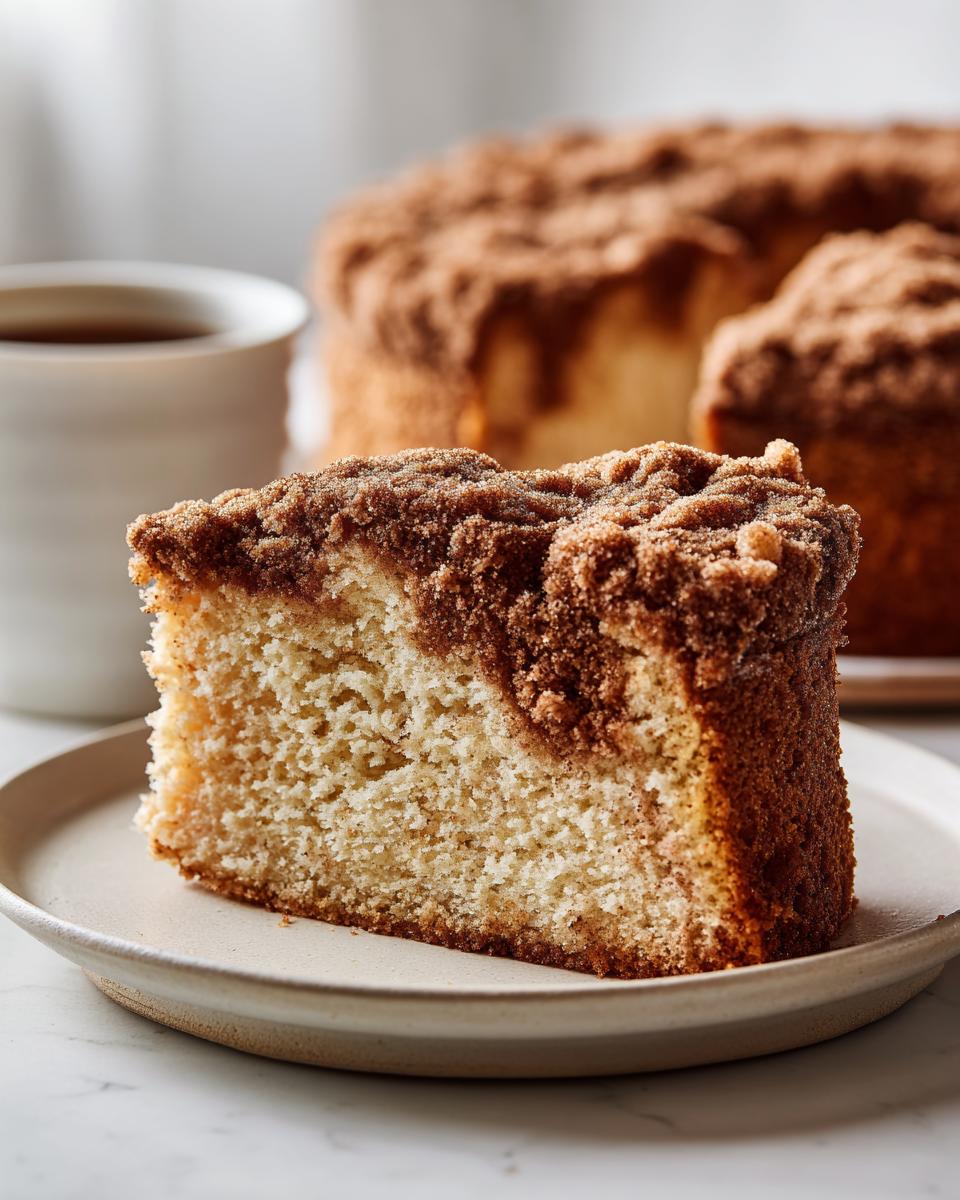 A close-up of a moist slice of sour cream coffee cake with a thick cinnamon streusel topping, served on a plate next to a mug.