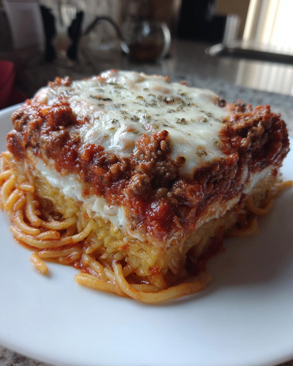 A square slice of baked spaghetti pie showing layers of pasta, white cheese filling, and a hearty meat sauce topped with melted mozzarella.