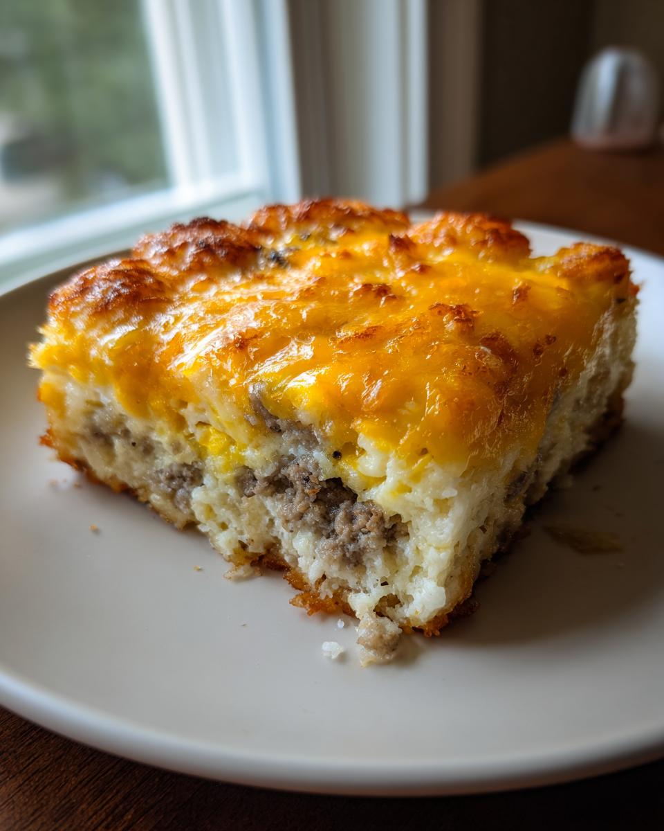 A square slice of tater tot breakfast casserole topped with melted cheddar cheese, showing layers of egg and sausage.
