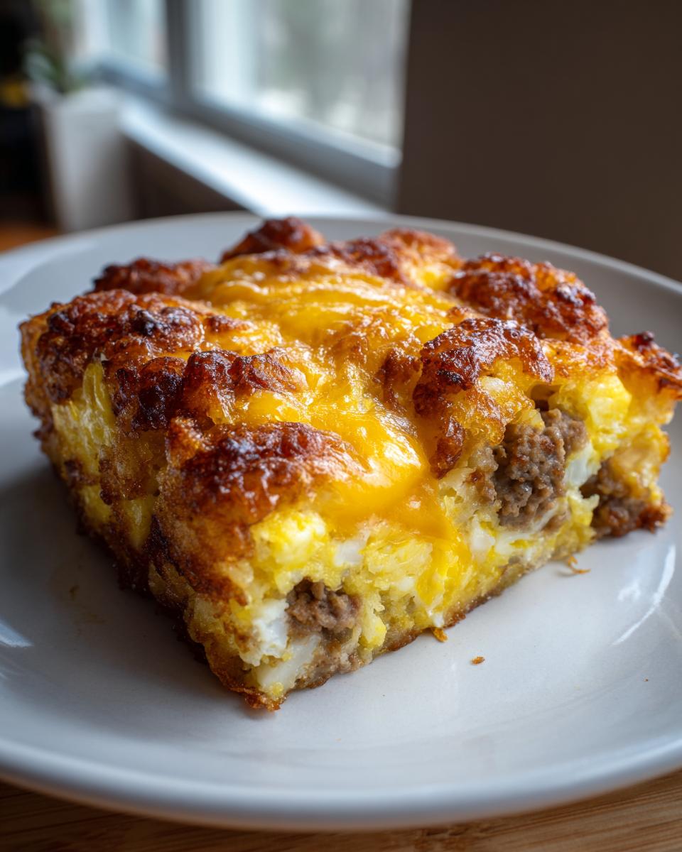 A square slice of tater tot breakfast casserole with sausage, eggs, and melted cheddar cheese on a white plate.