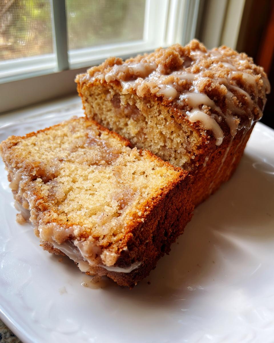 A close-up of a sliced loaf of apple crumb cake topped with streusel and a light vanilla glaze.