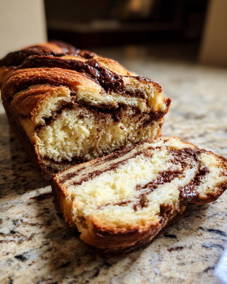 A loaf of homemade chocolate babka sliced open, showing rich, dark chocolate swirls inside the golden bread.