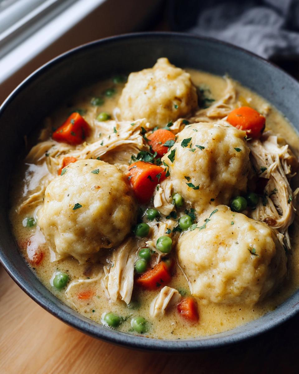 A close-up of a bowl of creamy slow cooker chicken and dumplings, featuring fluffy dumplings, shredded chicken, peas, and carrots.