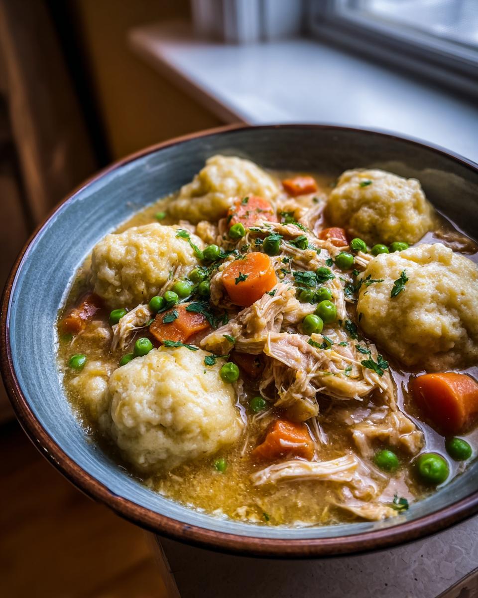 A close-up of a bowl of rich slow cooker chicken and dumplings, featuring shredded chicken, carrots, peas, and fluffy dumplings.