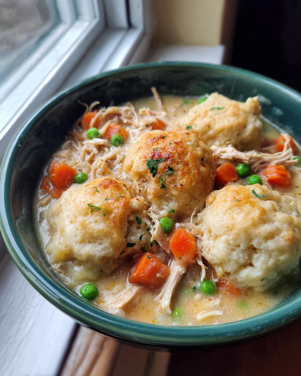 A close-up view of a bowl of rich slow cooker chicken and dumplings, featuring fluffy dumplings, shredded chicken, carrots, and peas.