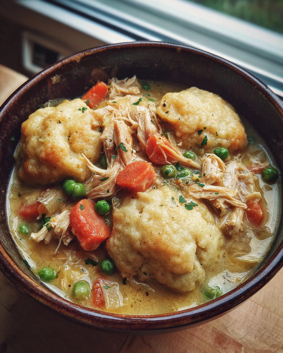A close-up of a rich bowl of slow cooker chicken and dumplings with shredded chicken, carrots, and peas in a creamy broth.