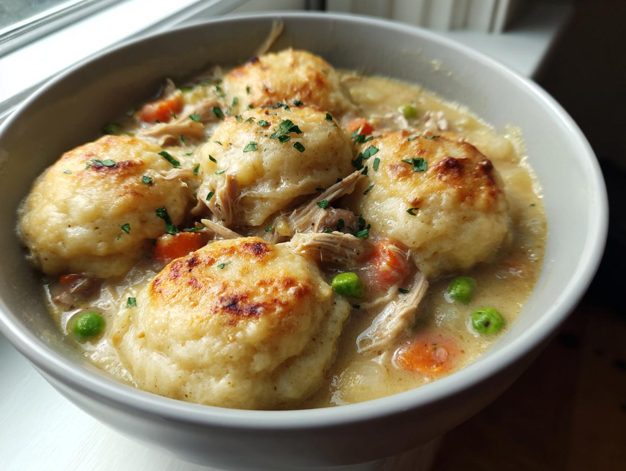Close-up of a bowl filled with rich, creamy slow cooker chicken and dumplings, topped with golden biscuits and parsley.