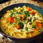 Close-up of a bowl of rich slow cooker chicken noodle soup with shredded chicken, carrots, celery, and parsley.
