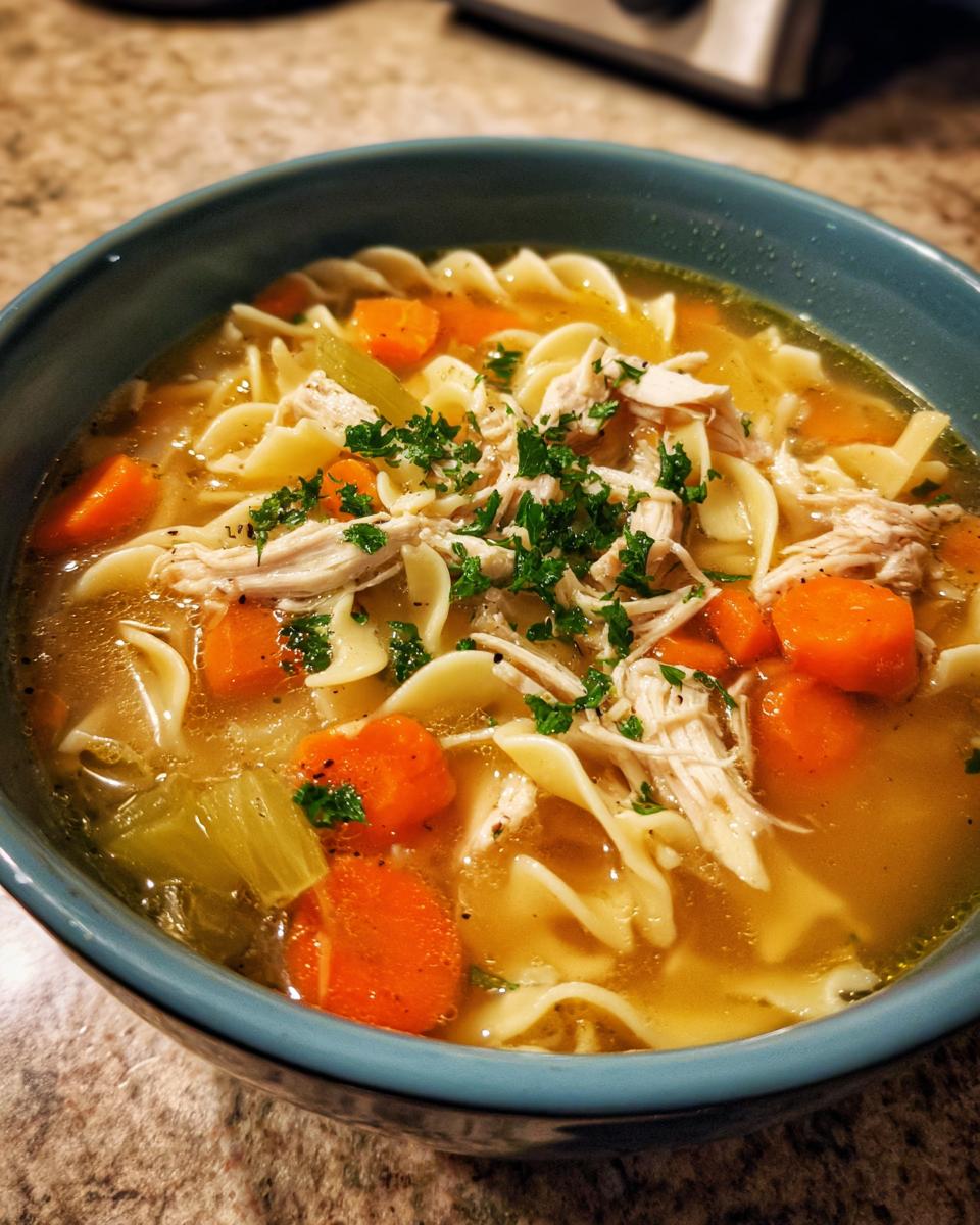 Close-up of a blue bowl filled with steaming slow cooker chicken noodle soup, featuring egg noodles, shredded chicken, carrots, and parsley.
