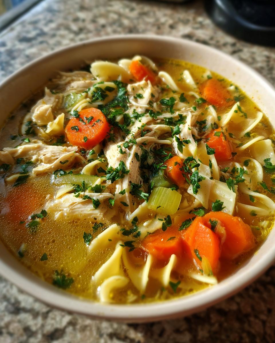 Close-up of a bowl of rich slow cooker chicken noodle soup with shredded chicken, carrots, celery, and parsley.