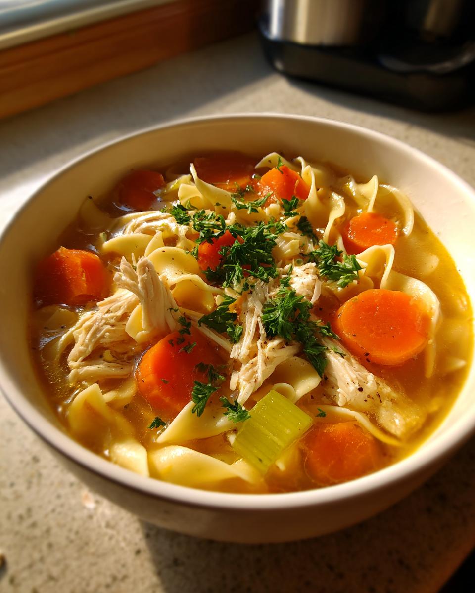 Close-up of a bowl of rich slow cooker chicken noodle soup with egg noodles, shredded chicken, carrots, and parsley.